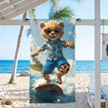 Microfiber beach towel featuring a surfing cartoon leopard against a sunny ocean background - Surfing Leopard Style / 70x150cm
