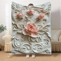 3D embossed pink rose flannel blanket with floral patterns and baroque scroll ornaments - 100x150 Style