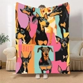 Pop art Doberman flannel blanket with colorful patchwork print for home couch - 100x150cm