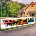 Racing theme outdoor banner with race cars and Welcome Race Fans text for garden party decor - 200x40cm / Cartoon Racing Car