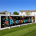 Detailed view of Bienvenidos school banner with colorful pencils and books on white fence - 200x40cm / Back to School