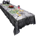 Black lace Halloween table runner featuring spider web and bat patterns for festive decor - House Tablecloth 122x244cm