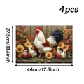 Detailed view of 4pcs rooster and sunflower placemats with 44x29.5cm size markings - 4Pcs / Fence Sunflower Rooster