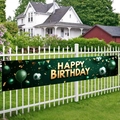 Soccer birthday banner featuring green balloons and football patterns on a white fence - 200x40cm / Football Happy Birthday