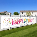 Gekleurde confetti happy birthday banner aan wit tuinhek voor een buitenverjaardag - 200x40cm / Kleurrijk Gefeliciteerd met je Verjaardag
