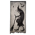 Black lace Halloween table runner featuring witch silhouette and bat mesh motifs - Witch Door Curtain 102x210cm