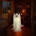 Detail of a standing Halloween ghost with internal light and black wizard hat decor - 120cm / Light Yellow