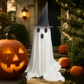 Detail of a white ghost decoration with a black witch hat on a cozy porch staircase - 120cm / White