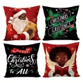 Lot de quatre housses de coussin de Noël avec motifs Père Noël et Ange sur lin rouge et noir - Style Père Noël Afro-Américain Et Ange (SD1004-06)