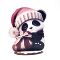 Dettaglio di una statuetta di panda natalizio con cappello rosso e scatola regalo decorativa - Panda in Pigiama