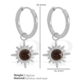 Silver sunburst hoop earrings with dark opal stone inlay in durable stainless steel - Sun Black Opal (EH354) / Black / Silver