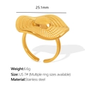 18K gold plated stainless steel adjustable ring with a wavy straw hat texture disk - US Size 7 (Adjustable) / Ring / Gold