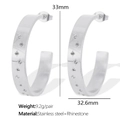 Zilveren C-vormige oorringen van roestvrij staal met strassterpatroon, maat 33 mm - EH544 Sterrenbasis Oorbellen / EH544 Zilver