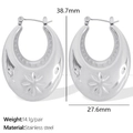 Silver stainless steel hollow crescent earrings with engraved star patterns in 38.7mm - Engraved Irregular C-Shape Geometric Earrings (EH706S)