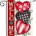 Valentine’s Day garden flag with hearts, plaid patterns and Welcome text in linen fabric - Three Hearts Style