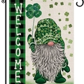 St. Patrick's Day garden flag featuring a gnome and welcome text on linen fabric - Green Gnome Garden Flag
