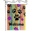 Colorful pet paw print garden flag with black metal holder and welcome text - Pet Paw Print Garden Flag