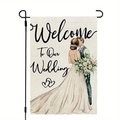 Linen wedding welcome garden flag with hand-painted couple illustration and black stand - Vintage Wedding Car