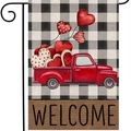 Valentine's Day garden flag with red truck and heart patterns on buffalo plaid background - Plaid Red Truck Style