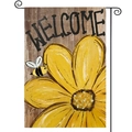 Bienen-Willkommens-Gartenfahne mit Sonnenblumen-Motiv und schwarzem Metall-Fahnenmast - Großer Blumenstil