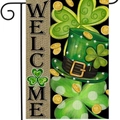 St. Patrick's Day garden flag with Welcome text, green hat, and shamrocks on linen - St. Patrick's Hat Garden Flag