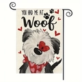 Linen pet party garden flag featuring cartoon dog and 'You had me at Woof' text with stand - Black White Heart Puppy Garden Flag