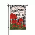 Welcome To Our Porch garden flag with red geraniums and buffalo plaid on a metal stand - Rose Floral Style