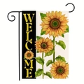 Garden flag with welcome text and sunflowers including a black metal hanger stand - Three Sunflowers Style