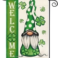 St. Patrick's Day garden flag with gnome and lucky clovers on a welcome banner - Long Hat Gnome Garden Flag