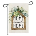 Linen garden flag featuring Home Sweet Home text with greenery on a black metal stand - Greenery House