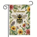 Welcome garden flag with bumblebee and floral design on rustic linen with metal stand - Bee Floral Style