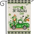 Bandiera da giardino festiva per San Patrizio in lino con Leprechaun su camion - Bandiera da Giardino con Camion e Gnomo