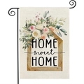Linen garden flag with Home Sweet Home text and floral pattern on black metal hanger - Floral House