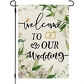 Linen wedding garden flag with white lilies and black metal stand for welcome area - Rings and Lilies