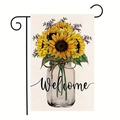 Garden flag with sunflower mason jar design and welcome text on metal stand - Vase Bouquet Style