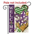 Linen welcome garden flag featuring purple fleur-de-lis and Mardi Gras colors - Carnival Purple Green