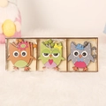 Set di tre ciondoli a forma di gufo in legno con motivi colorati in scatola regalo - Stile Gufo (P-M35)