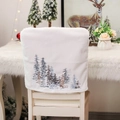 White faux fur dining chair cover with colorful Christmas tree embroidery for holiday decor - Pine Tree Style (H-YT72 A)