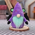 Gothic Halloween gnome plush with purple hat, green beard and black bat wings on wood base - Purple Bat Style (W-WS62)
