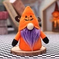 Halloween gnome plush with orange pumpkin hat, purple beard, and antlers on wood base - Orange Pumpkin Style (W-WS64)