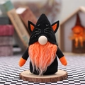 Halloween black cat gnome plush with orange beard and cat ears on wooden base - Black Cat Ears Style (W-WS65)