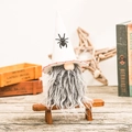 Halloween gnome plush with white spider hat and grey beard on mini wooden bench - White Spider Gnome