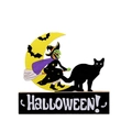 Décoration d'Halloween en bois avec sorcière verte, chat noir et lune jaune - Style Sorcière (B25-005-C)