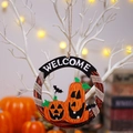 Halloween wooden welcome sign with orange pumpkins and bats hanging on a white branch - Double Pumpkin Style (A25-010)
