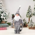 Plush Christmas gnome standing ornament in grey tones holding a rustic lantern and gift bag - Style E Lighted Simulation Figurine