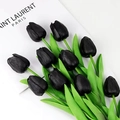 Bouquet of 10 lifelike black PU tulips with green stems for modern home floral decoration - Black