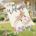 Easter garden flag with watercolor bunny and tulips featuring Welcome script lettering - Floral Pink Rabbit Garden Flag