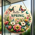 Ξύλινη πινακίδα Hello Spring με λουλούδια και πεταλούδες για διακόσμηση κήπου - 20cm