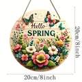Targa rotonda in legno Hello Spring con farfalle e fiori colorati, diametro 20 cm - Pendaglio in Legno Fiori di Primavera 20CM
