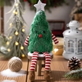 Plush Christmas tree doll with long striped legs sitting on a wooden stool decoration - Christmas Tree Doll Ornament / Green